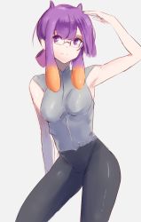 Rule 34 | 1girl, alternate breast size, arm up, black pants, blouse, breasts, closed mouth, glasses, grey background, grey shirt, highres, hololive, hololive english, looking at viewer, ninomae ina&#039;nis, orange hair, pants, purple eyes, purple hair, shirt, short hair, simple background, skykappa, sleeveless, sleeveless shirt, small breasts, smile, solo, tentacle hair, virtual youtuber