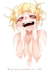 Rule 34 | 10s, 1girl, absurdres, blonde hair, blunt bangs, blush, boku no hero academia, copyright name, double bun, english text, fangs, hair bun, hands on own cheeks, hands on own face, highres, messy hair, nude, open mouth, red eyes, slime, smile, solo, toga himiko, yandere trance