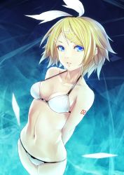 Rule 34 | 1girl, arms behind back, bikini, blonde hair, blue background, blue eyes, breasts, cowboy shot, gradient background, hair ornament, hair ribbon, hairclip, halterneck, highres, kagamine rin, looking at viewer, navel, ribbon, small breasts, solo, standing, sugi 214, swimsuit, vocaloid, white bikini, white ribbon