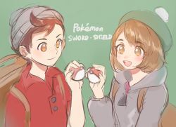 Rule 34 | 1boy, 1girl, :d, backpack, bag, beanie, beret, brown eyes, brown hair, collared shirt, copyright name, creatures (company), game freak, gloria (pokemon), green background, grey sweater, hat, highres, holding, holding poke ball, nintendo, open mouth, poke ball, poke ball (basic), pokemon, pokemon swsh, red shirt, sapphire yue, shirt, short hair, sketch, smile, sweater, victor (pokemon)