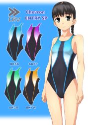 Rule 34 | 1girl, absurdres, ad, arms at sides, black eyes, black hair, black one-piece swimsuit, blue background, blue one-piece swimsuit, braid, collarbone, commentary request, competition swimsuit, cowboy shot, feet out of frame, flat chest, gradient background, green one-piece swimsuit, highres, long hair, looking at viewer, low twintails, one-piece swimsuit, original, purple one-piece swimsuit, smile, solo, standing, swimsuit, takafumi, thighs, twin braids, twintails, white background, yellow one-piece swimsuit