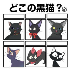 Rule 34 | &lt;|&gt; &lt;|&gt;, :3, amanojaku (gakkou no kaidan), animal, animal focus, bell, bishoujo senshi sailor moon, black cat, cat, character request, chart, clothed animal, commentary request, crescent, crescent facial mark, crossover, facial mark, fangs, gakkou no kaidan (anime), heterochromia, highres, itiya1412, jiji (majo no takkyuubin), jingle bell, looking at viewer, looking away, looking to the side, luna (sailor moon), majo no takkyuubin, multiple crossover, nichijou, open mouth, paw print, red ribbon, red scarf, ribbon, sakamoto (nichijou), scarf, trait connection, translation request