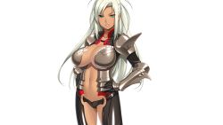 Rule 34 | 1girl, 3ping lovers! ippu nisai no sekai e youkoso, armor, breasts, center opening, cleavage, frei ringitt, game cg, green eyes, hadashi shoujo, hands on own hips, hinasaki you, ino (magloid), large breasts, legs, long hair, looking at viewer, navel, sakagami umi, serious, solo, standing, thighs, transparent background, white hair