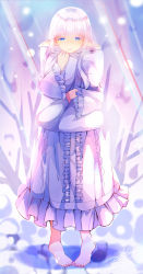 Rule 34 | 1girl, absurdres, barefoot, blue eyes, blurry, blurry background, blush, commentary request, depth of field, dress, frilled dress, frilled sleeves, frills, full body, highres, hugging object, long hair, long sleeves, looking at viewer, maou no ore ga dorei elf wo yome ni shitanda ga dou medereba ii?, menghuan tian, nail polish, nephelia, nose blush, parted lips, pigeon-toed, pillow, pillow hug, pointy ears, purple dress, purple nails, signature, silver hair, solo, standing, toenail polish, toenails, wide sleeves