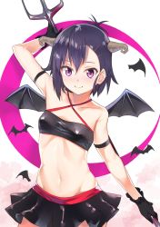 Rule 34 | 1girl, arm behind head, arm up, bad id, bad pixiv id, bare shoulders, bat background, holding behind back, black gloves, black skirt, blush, crop top, demon girl, demon horns, demon wings, covered erect nipples, gabriel dropout, gloves, groin, hair between eyes, hair ornament, hairclip, hallelujah essaim, highres, holding, holding weapon, horns, kerun, looking at viewer, medium hair, midriff, miniskirt, navel, pleated skirt, polearm, purple eyes, purple hair, skin tight, skirt, smile, solo, trident, vignette tsukinose april, weapon, wings, x hair ornament