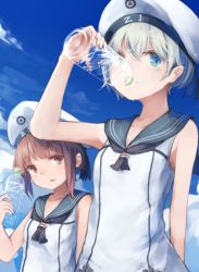 Rule 34 | 10s, 2girls, arm behind back, bare shoulders, blue eyes, blue sky, bottle, brown hair, clothes writing, collarbone, day, drinking, gradient background, hat, kantai collection, makihitsuji, multiple girls, sailor collar, sailor hat, short hair, silver hair, sky, sleeveless, water, water bottle, white hat, z1 leberecht maass (kancolle), z3 max schultz (kancolle)