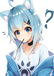 Rule 34 | 1girl, ?, ahoge, animal ear fluff, animal ears, black collar, blue eyes, blue hair, blue jacket, blue shirt, blush, breasts, collar, collarbone, copyright request, dog ears, food, hair ornament, hairclip, highres, jacket, kurokuro illust, looking at viewer, mihana rio, open clothes, open jacket, paw print, pocky, shirt, short hair, sidelocks, simple background, small breasts, solo, upper body, virtual youtuber, wactor production, white background