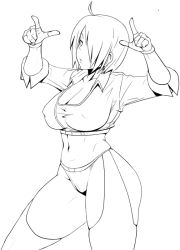 Rule 34 | 1girl, ahoge, angel (kof), bad id, bad pixiv id, breasts, chaps, cleavage, covered erect nipples, cropped jacket, fingerless gloves, gloves, greyscale, hair over one eye, highleg, highleg panties, large breasts, lineart, midriff, monochrome, navel, okyou, panties, snk, solo, the king of fighters, underwear