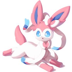 Rule 34 | :o, absurdres, animal focus, blue eyes, blush, bow, creatures (company), fang, game freak, gen 6 pokemon, highres, lying, nevedoodle, nintendo, no humans, on stomach, open mouth, pokemon, pokemon (creature), ribbon, simple background, sylveon, white background
