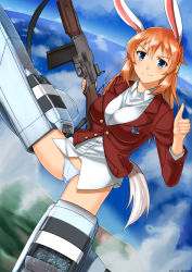 Rule 34 | 1girl, animal ears, blue eyes, blush, breasts, brown hair, browning automatic rifle, cameltoe, charlotte e. yeager, flying, gun, highres, hiroshi (hunter-of-kct), large breasts, panties, rabbit ears, rabbit girl, rabbit tail, rifle, sky, smile, solo, strike witches, tail, thumbs up, underwear, weapon, white panties, world witches series