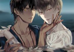 Rule 34 | 2boys, blonde hair, blue shirt, blue sky, brown hair, dark-skinned male, dark skin, fate/grand order, fate (series), gilgamesh (fate), highres, jewelry, looking at viewer, male focus, multiple boys, necklace, ocean, ozymandias (fate), partially submerged, red eyes, ring, sakura hitsuji, shirt, short hair, signature, sky, smile, twitter username, upper body, wet, wet clothes, wet hair, white shirt, yellow eyes