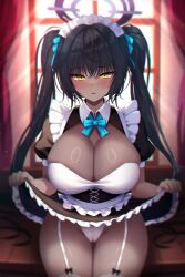 Rule 34 | 1girl, absurdres, black hair, blue archive, blue bow, blue bowtie, blush, bow, bowtie, breasts, cameltoe, cleavage, cleft of venus, clothes lift, collared dress, dadamyu, dark-skinned female, dark skin, dress, dress lift, frilled dress, frills, garter straps, hair ornament, halo, highres, karin (blue archive), large breasts, lifted by self, long hair, looking at viewer, maid, maid headdress, puffy short sleeves, puffy sleeves, short sleeves, sitting, solo, straight-on, thighhighs, twintails, white garter straps, white thighhighs, yellow eyes