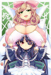 Rule 34 | 10s, 2girls, blonde hair, blue hair, blush, bow, breast hold, breast rest, breasts, breasts on head, bukatsu (clubactivity), cleavage cutout, clothing cutout, curly hair, covered erect nipples, eyepatch, gigantic breasts, gothic lolita, green eyes, hair bow, hair ornament, hair ribbon, hairband, haruka (senran kagura), height difference, huge breasts, lips, lolita fashion, lolita hairband, long hair, mirai (senran kagura), multiple girls, open mouth, puffy nipples, red eyes, ribbon, senran kagura, short hair, sina and d