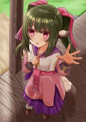 Rule 34 | 1girl, ainu clothes, animal ears, aquaplus, arms up, blush, breasts, dress, from above, full body, gradient eyes, gradient hair, grass, green hair, hair between eyes, hair ribbon, hand on own chest, highres, inariko, long hair, long sleeves, looking at viewer, multicolored eyes, multicolored hair, nekone (utawarerumono), open mouth, raised eyebrows, red eyes, ribbon, shadow, shoes, sidelocks, small breasts, socks, solo, standing, tail, twintails, utawarerumono, utawarerumono: itsuwari no kamen, wooden floor