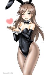 Rule 34 | 1girl, animal ears, arashio (kancolle), black leotard, bow, bowtie, breasts, brown eyes, brown hair, brown pantyhose, collarbone, covered navel, detached collar, fake animal ears, fake tail, kantai collection, kudou (ooabareteng), leotard, looking at viewer, one eye closed, open mouth, pantyhose, playboy bunny, rabbit ears, simple background, small breasts, smile, solo, strapless, strapless leotard, tail, traditional bowtie, twitter username, white background, wrist cuffs