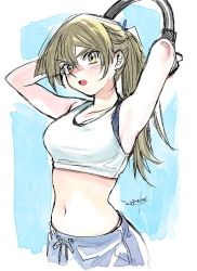 Rule 34 | 1girl, 203wolves, armpits, arms behind head, arms up, blonde hair, blue background, border, breasts, cleavage, collarbone, crop top, hair between eyes, hair ribbon, holding, long hair, medium breasts, midriff, navel, open mouth, outside border, ponytail, purple ribbon, ribbon, signature, sketch, solo, standing, stomach, tenjouin asuka, very long hair, white border, yellow eyes, yu-gi-oh!, yu-gi-oh! gx
