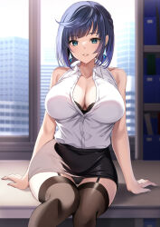 Rule 34 | 1girl, bare shoulders, black hair, black skirt, blue hair, blush, bob cut, breasts, brown thighhighs, cleavage, collarbone, collared shirt, diagonal bangs, earrings, garter straps, genshin impact, green eyes, harimoji, highres, jewelry, large breasts, looking at viewer, mole, mole on breast, multicolored hair, pencil skirt, shirt, short hair, skirt, sleeveless, sleeveless shirt, smile, solo, thighhighs, thighs, two-tone hair, white shirt, yelan (genshin impact)