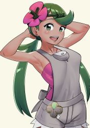 Rule 34 | 1girl, :d, armpits, arms behind head, bare arms, blush, breasts, collarbone, commentary request, cowboy shot, creatures (company), dark-skinned female, dark skin, eyelashes, flower, game freak, green eyes, green hair, green headband, grey overalls, headband, highres, long hair, makino harumaki, mallow (pokemon), nintendo, open mouth, overall shorts, overalls, pink flower, pink shirt, pokemon, pokemon sm, shirt, sleeveless, smile, solo, swept bangs, teeth, tongue, twintails, upper teeth only