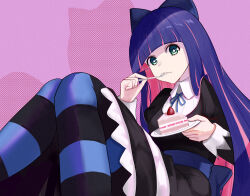 Rule 34 | 1girl, absurdres, black pantyhose, blue pantyhose, blue ribbon, blunt bangs, bow, cake, collared shirt, colored inner hair, eating, food, fork, hair bow, highres, holding, holding fork, holding plate, jiabingkele, juliet sleeves, long hair, long sleeves, multicolored hair, neck ribbon, panty &amp; stocking with garterbelt, pantyhose, pink background, pink hair, plate, puffy sleeves, ribbon, shirt, solo, stocking (psg), strawberry shortcake, striped, two-tone hair
