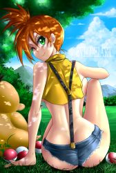 Rule 34 | 1girl, absurdres, ass, bare arms, bare shoulders, breasts, closed mouth, creatures (company), day, denim, denim shorts, evil-dei, from behind, game freak, gen 1 pokemon, grass, green eyes, highres, looking at viewer, looking back, midriff, misty (pokemon), mountain, nintendo, one eye closed, orange hair, outdoors, pokemon, pokemon: the electric tale of pikachu, pokemon (creature), psyduck, short ponytail, short shorts, shorts, side ponytail, sitting, sky, sleeveless, smile, solo, suspenders, underboob, vest, wink