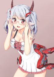 Rule 34 | 1girl, :d, adjusting eyewear, breasts, cleavage, glasses, hair ornament, highres, long hair, looking at viewer, machinery, mecha musume, open mouth, original, red eyes, silver hair, smile, solo, terras, twintails