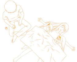 Rule 34 | 00s, 1boy, 3girls, aged up, barefoot, family, if they mated, kyon, lying, monochrome, multiple girls, on back, orange theme, outstretched arms, sleeping, spread arms, suzumiya haruhi, suzumiya haruhi no yuuutsu, tofu juuji