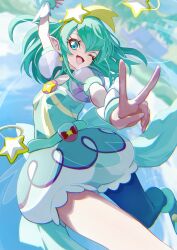 Rule 34 | 1girl, absurdres, aqua eyes, aqua hair, blue hair, blue sky, blurry, blurry background, choker, city, cure milky, dress, earrings, flying, forest, hair ornament, hairband, highres, jewelry, long hair, looking at viewer, magical girl, nature, one eye closed, open mouth, pointy ears, precure, see-through, see-through sleeves, short sleeves, single leg pantyhose, sky, smile, solo, star (symbol), star earrings, star hair ornament, star twinkle precure, takahashi hizumi, tree, upside-down, v, yellow hairband