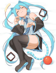 Rule 34 | 1girl, abmayo, absurdres, aqua hair, bare shoulders, cat girl, closed eyes, closed mouth, collared shirt, commentary request, detached sleeves, hair ornament, hatsune miku, highres, long hair, lying, necktie, on back, paw pose, shirt, skirt, smile, solo, striped tail, tail, thighhighs, twintails, very long hair, vocaloid