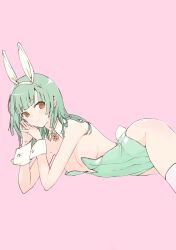 Rule 34 | 1girl, animal ears, bakemonogatari, bare shoulders, blunt bangs, breasts, covered navel, detached collar, green hair, highres, hip bones, leotard, long hair, lying, monogatari (series), on side, orange eyes, pink background, playboy bunny, rabbit ears, rabbit tail, sengoku nadeko, simple background, small breasts, solo, tail, thighhighs, thighs, usa003uni, white thighhighs, wrist cuffs