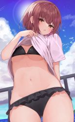 Rule 34 | 1girl, bikini, black bikini, blue sky, blush, breasts, brown eyes, brown hair, clothes lift, cloud, cloudy sky, commentary request, cowboy shot, day, frilled bikini, frills, gluteal fold, groin, highres, lifting own clothes, looking at viewer, navel, original, outdoors, parted lips, racchi., railing, shirt, shirt lift, short sleeves, side-tie bikini bottom, sky, small breasts, solo, sun, swimsuit, water, white shirt