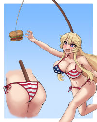 Rule 34 | 1girl, american flag bikini, ass, between buttocks, bikini, blonde hair, blue background, blue eyes, breasts, burger, chasing, cleavage, cowboy shot, donburi (donburikazoku), drooling, fishing rod, flag print, food, gradient background, heart, heart-shaped pupils, highres, inset, iowa (kancolle), kantai collection, large breasts, open mouth, running, side-tie bikini bottom, smile, solo, star-shaped pupils, star (symbol), swimsuit, symbol-shaped pupils