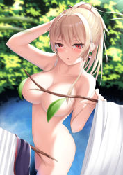 Rule 34 | 1girl, arm up, ass, bathing, blonde hair, blurry, blurry background, blush, branch, breasts, cleavage, collarbone, completely nude, convenient censoring, day, depth of field, earrings, furen e lustario, hair between eyes, hair intakes, hair ribbon, hand on own head, hand up, highres, jewelry, large breasts, leaf, leaf censor, long hair, looking at viewer, navel, nijisanji, nude, open mouth, outdoors, paid reward available, ponytail, public indecency, public nudity, red eyes, red ribbon, ribbon, solo, standing, tatsumiya kagari, unworn clothes, virtual youtuber, wading, water