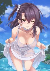 Rule 34 | 1girl, blue sky, blush, breasts, cleavage, clothes lift, cloud, cloudy sky, collarbone, day, dress, dress lift, hair between eyes, konohana enishi, leaning forward, lifting own clothes, long hair, looking at viewer, medium breasts, one eye closed, original, parted lips, purple eyes, purple hair, scrunchie, sengoku aky, side ponytail, sky, solo, splashing, sundress, wading, water, wet, wet clothes, wet dress, white dress