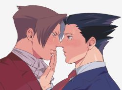 Rule 34 | 2boys, ace attorney, ascot, blush, commentary request, cropped torso, eye contact, finger to another&#039;s mouth, from side, green (grimy), imminent kiss, light brown hair, looking at another, male focus, miles edgeworth, multiple boys, necktie, noses touching, parted bangs, phoenix wright, short hair, sideburns, spiked hair, white background, yaoi
