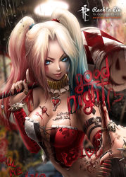 Rule 34 | 1girl, artist name, batman (series), blonde hair, blue eyes, blue hair, bracelet, breasts, collar, dc comics, detached sleeves, english text, harley quinn, jewelry, large breasts, mallet, midriff, mirror, multicolored hair, nail polish, pink hair, rachta lin, red nails, reflection, solo, spiked bracelet, spikes, tally, twintails, watermark, web address
