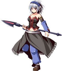 Rule 34 | blue headband, blue pants, breasts, brown footwear, cleavage, collarbone, copyright request, grey hair, headband, large breasts, looking at viewer, multicolored clothes, navel, nekonote (nekono paraiso), original, pants, polearm, red eyes, simple background, solo, spear, weapon, white background, white legwear