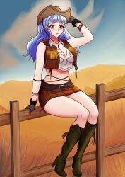 Rule 34 | 1girl, absurdres, alternate hairstyle, arm up, blue hair, boots, brown eyes, cosplay, cowboy hat, crop top, fire emblem, fire emblem: three houses, fire emblem heroes, gloves, hat, highres, long hair, marianne von edmund, midriff, nintendo, open clothes, open vest, sidelocks, sitting on fence, skirt, sleeveless, tifa lockhart, tifa lockhart (cosplay), vest, will (willanator93)