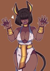 Rule 34 | 1girl, :d, :p, animal ears, bare shoulders, blunt bangs, bob cut, bracelet, breasts, brown eyes, brown hair, commentary, covered erect nipples, covered eyes, dark-skinned female, dark skin, dress, egyptian clothes, extra eyes, freckles, hair over eyes, highres, jackal ears, jewelry, jitome, large breasts, looking at viewer, medium hair, mole, mole on breast, ninelean, open mouth, original, pelvic curtain, sash, smile, solo, standing, symbol-only commentary, tail, tongue, tongue out, white dress