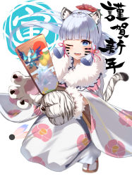 Rule 34 | 1girl, absurdres, animal ears, animal hands, ayaka (genshin impact), blue eyes, blush, commentary request, floral print, full body, fur-trimmed gloves, fur-trimmed kimono, fur trim, genshin impact, gloves, highres, hiragi paint, holding, japanese clothes, kimono, light brown hair, long hair, long sleeves, one eye closed, open mouth, paw gloves, sandals, simple background, socks, solo, tail, tiger tail, translation request, white kimono, white socks, wide sleeves