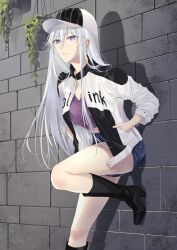 1girl against_wall azur_lane baseball_cap black_footwear blue_shorts boots breasts camisole concrete enterprise_(azur_lane) hand_in_pocket hanging_plant hat highres jacket knee_boots leaning long_hair long_sleeves looking_at_viewer medium_breasts open_clothes open_jacket platform_boots platform_footwear purple_camisole purple_eyes shadow short_shorts shorts suprii thighs white_hair white_jacket