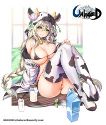 Rule 34 | 1girl, absurdres, animal print, areola slip, areolae, arm support, ass, bare shoulders, bell, bikini, black bikini, black choker, blanket, bottle, braid, breasts, choker, cleavage, cleft of venus, cow hood, cow print, cow tail, cowbell, green eyes, highres, jacket, knees up, large breasts, long hair, long sleeves, looking at viewer, maett, micro bikini, milk bottle, milk carton, off shoulder, official art, open clothes, open jacket, partially visible vulva, ribbon, silver hair, sitting, skindentation, smile, solo, string bikini, swimsuit, tail, tail ornament, tail ribbon, thighhighs, thighs, twin braids, unleashed, very long hair, watermark, wedgie, white background, white jacket, white legwear