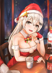 Rule 34 | 1girl, absurdres, breasts, detached collar, dress, fur-trimmed gloves, fur-trimmed headwear, fur trim, girls&#039; frontline, gloves, grey eyes, grey hair, hair between eyes, hair ornament, hairclip, hat, highres, indoors, jewelry, long hair, medium breasts, muteppona hito, official alternate costume, red dress, red gloves, red hat, ring, santa dress, santa hat, sitting, solo, svd (girls&#039; frontline), svd (winter fairy) (girls&#039; frontline), wedding band