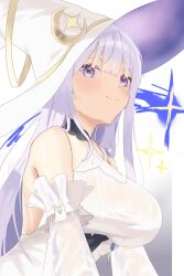 Rule 34 | 1girl, absurdres, azur lane, bare shoulders, blush, breasts, closed mouth, crescent, crescent hat ornament, detached sleeves, dress, guichen (azur lane), hat, hat ornament, highres, large breasts, light purple hair, long hair, looking at viewer, netral561, purple eyes, see-through, see-through sleeves, smile, solo, sparkle, star (symbol), star hat ornament, white dress, white hat, white sleeves, witch hat