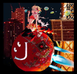 Rule 34 | 1girl, absurdres, album cover, bracelet, bubble, blowing bubbles, building, cover, dj kazu, feather boa, headphones, high heels, highres, jewelry, multicolored hair, official art, phonograph, sticker, strapless, sushio, thighhighs, tokyo tower, tube top, turntable