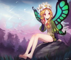 Rule 34 | 1girl, :t, apple, bare legs, barefoot, blonde hair, bloomers, blush, braid, butterfly wings, eating, fairy, feet, flat chest, flower, food, fruit, full body, hair flower, hair ornament, hair over shoulder, insect wings, legs, long hair, long legs, mercedes (odin sphere), meto31, odin sphere, pointy ears, puff and slash sleeves, puffy sleeves, red eyes, shoo, shooting star, sitting, solo, twin braids, underwear, wings