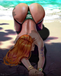 Rule 34 | 1girl, all fours, ass, bare shoulders, bracelet, from above, highres, huge ass, jewelry, lasga claven, long hair, nami (one piece), one piece, orange hair, shiny skin, solo, tattoo, thick thighs, thighs, thong, top-down bottom-up, topless