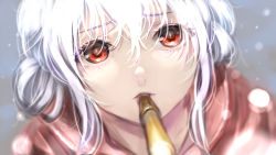 Rule 34 | 1girl, blurry, blurry background, close-up, food, highres, original, pocky, pocky day, red eyes, red scarf, scarf, short hair, snowing, solo, white hair, yazwo