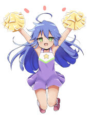 Rule 34 | 1girl, :3, :d, absurdres, ahoge, arms up, bare arms, blue hair, cheerleader, commentary request, dress, feet up, floating hair, green eyes, hair between eyes, highres, holding, holding pom poms, izumi konata, jumping, long hair, looking at viewer, lucky star, midair, mole, mole under eye, notice lines, official alternate costume, open mouth, pom pom (cheerleading), pom poms, purple dress, shira 461, short dress, simple background, sleeveless, sleeveless dress, smile, solo, star (symbol), star print, straight-on, white background