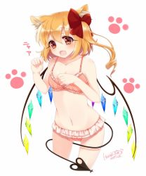Rule 34 | 1girl, 2017, :d, animal ears, bad id, bad twitter id, bikini, blonde hair, blush, bow, bra, breasts, cat ears, dated, fang, flandre scarlet, frilled bra, frilled panties, frills, hair bow, haruki (colorful macaron), kemonomimi mode, laevatein (tail), looking at viewer, navel, open mouth, panties, paw pose, paw print, red eyes, short hair, side ponytail, signature, small breasts, smile, solo, swimsuit, tail, touhou, underwear, underwear only, wings