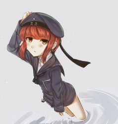 Rule 34 | 10s, 1girl, bad id, bad pixiv id, blush, clothes writing, dress, female focus, hand on headwear, hat, highres, kantai collection, long sleeves, looking at viewer, personification, red hair, ripples, ruchiteumu, sailor dress, sailor hat, short hair, sidelocks, solo, standing, sugita (merinib), wading, water, yellow eyes, z3 max schultz (kancolle)